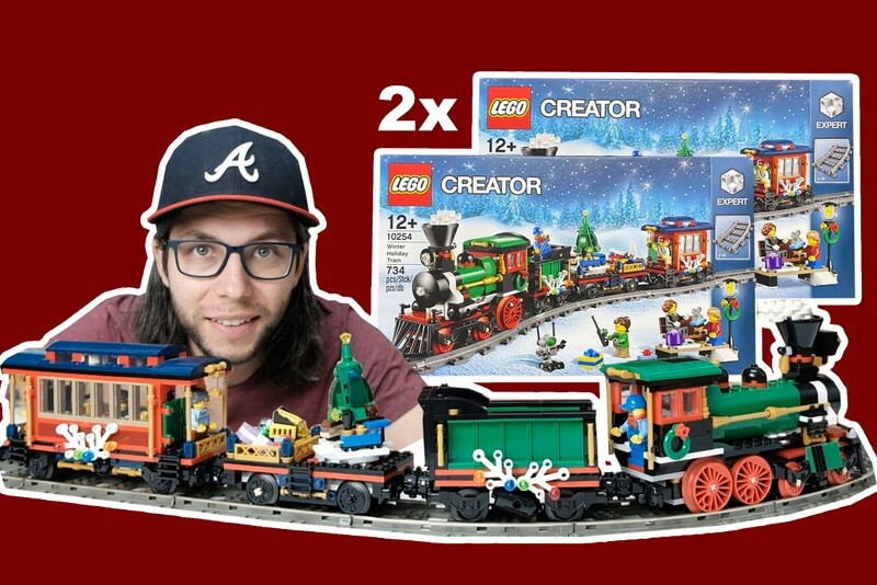 Das Bild zeigt die große Variante des Lego-Weihnachtszugs aus zwei Weihnachtszügen gebaut.