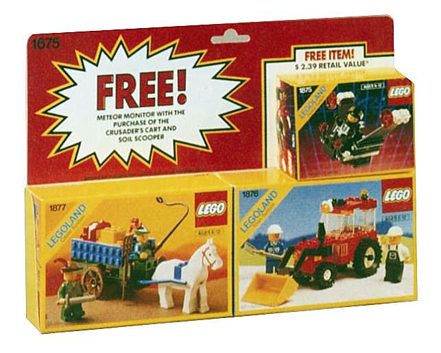 Das Value-Pack mit der LEGO-Nummer 1675 kam 1990 heraus und beinhaltete drei Sets, die in ihren Originalboxen auf einen Papphintergrund geklebt und vertrieben wurden.