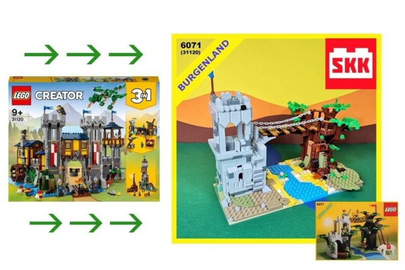 Es ist die Verpackung von Lego-Set 31120 zu sehen und das alternative Modell, das sich am sehr alten Lego-Set 6071 orientiert.