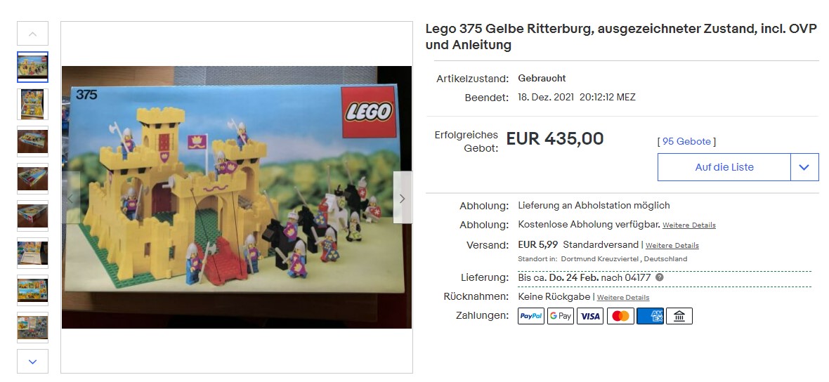 Im Dezember 2021 wurde die gelbe Burg zu einem Spitzenpreis von 435 Euro verkauft. Hier ein Screenshot von Ebay.de