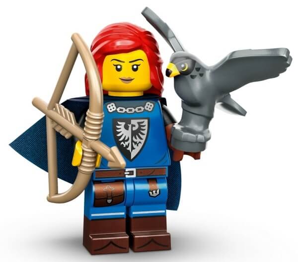 Lego Minifigur Falkenritter-Frau mit roten Haaren und grauem Falken.