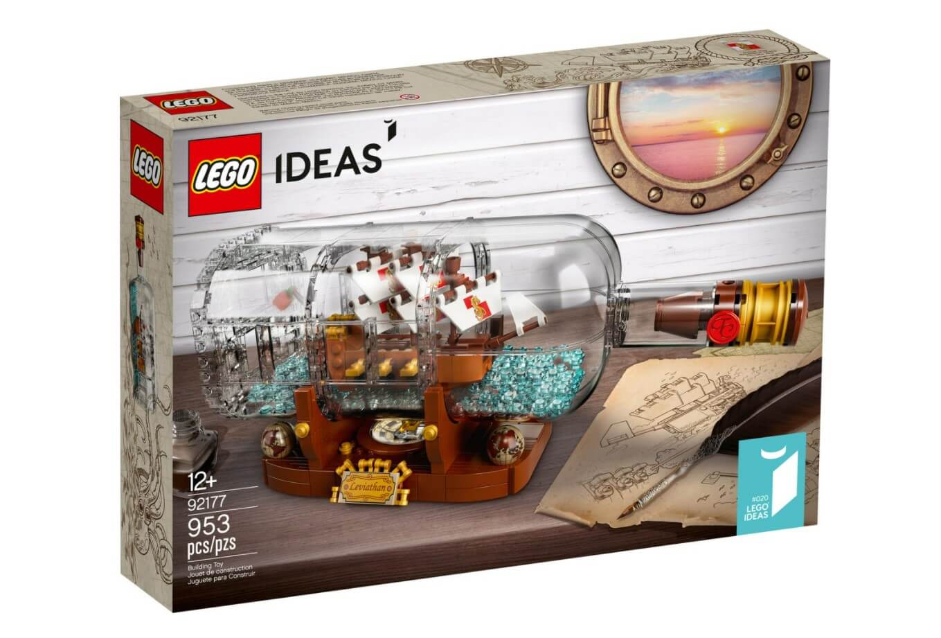 Das Produktbild von LEGO-Set 92177 aus dem LEGO-Shop. Zu sehen ist das Schiff in der Flasche in geänderten Box-Art von 2021 mit neuer Setn-Nummer.