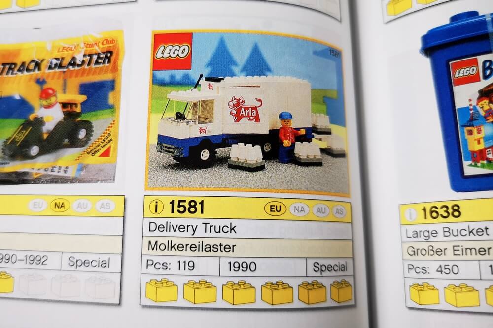 Der ARla Truck auf Seite 262 des LEGO-Sammelkatalogs. Gut zu sehen ist, dass der Baukasten ein Promo-Set war, das nur ein Jahr hergestellt wurde und heute sehr selten und teuer ist.