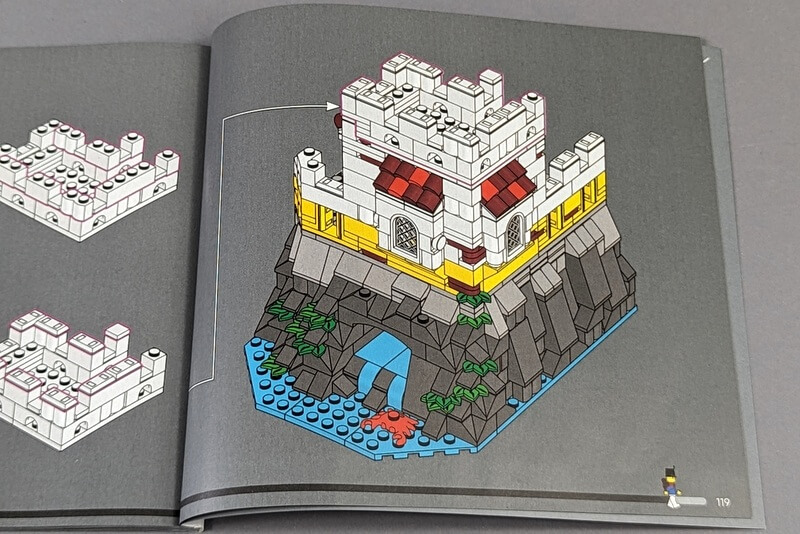 Das fertige Gefängnis der Festung auf einem massiven Felsen, gebaut aus Lego-Bausteinen.
