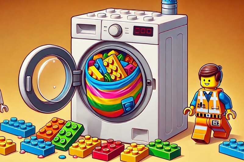 Das Comic-Bild zeigt eine Waschmaschine, in der viele bunte Bausteine zu sehen sind und daneben steht eine Lego-Figur und schaut zu.