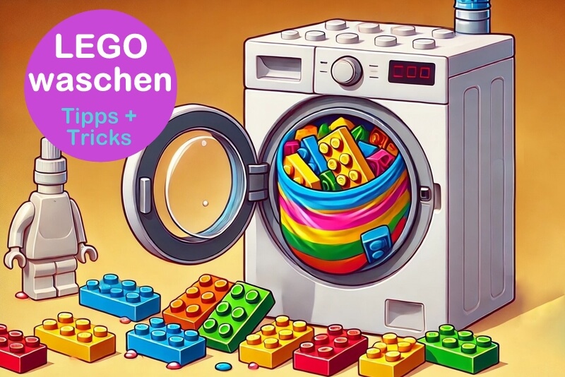Das Bild zeigt eine comic-artige Darstellung vom einer Waschmaschine, in der viele bunte Lego-Steine gewaschen werden und dann glänzend und strahlend herauskommen.