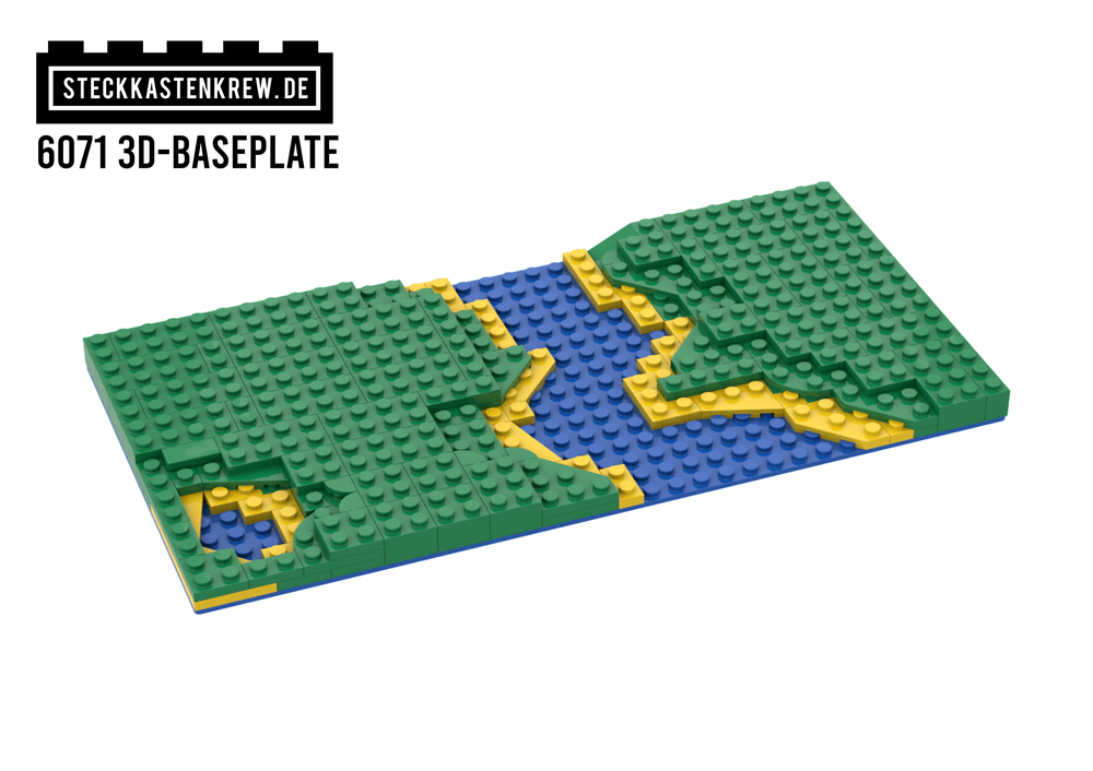 Auf einer blauen LEGO-Grundplatte sind grüne und gelbe Bausteine so gesteckt, dass es aussieht wie ein Flusslauf mit grünem Rasen rechts und links. Die dreidimensionale Optik begeistert das Auge.
