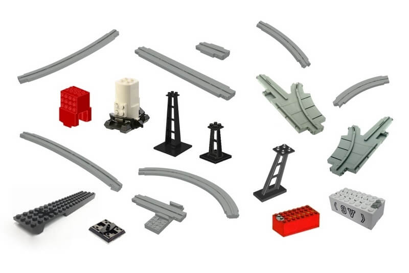 Alle seltenen und teuren Monorail-Teile von Lego auf einem Bild.