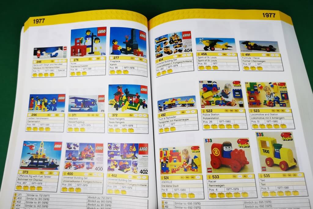 Zu sehen sind die Seiten 130 und 131 des LEGO-Collectors-Guide. Darauf sind viele LEGO-Baukästen von 1977 zu sehen.